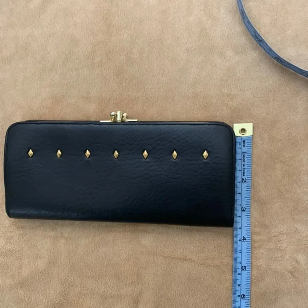 Vintage Baronet Wallet Kiss Clasp Metal Diamond Studs Navy Blue